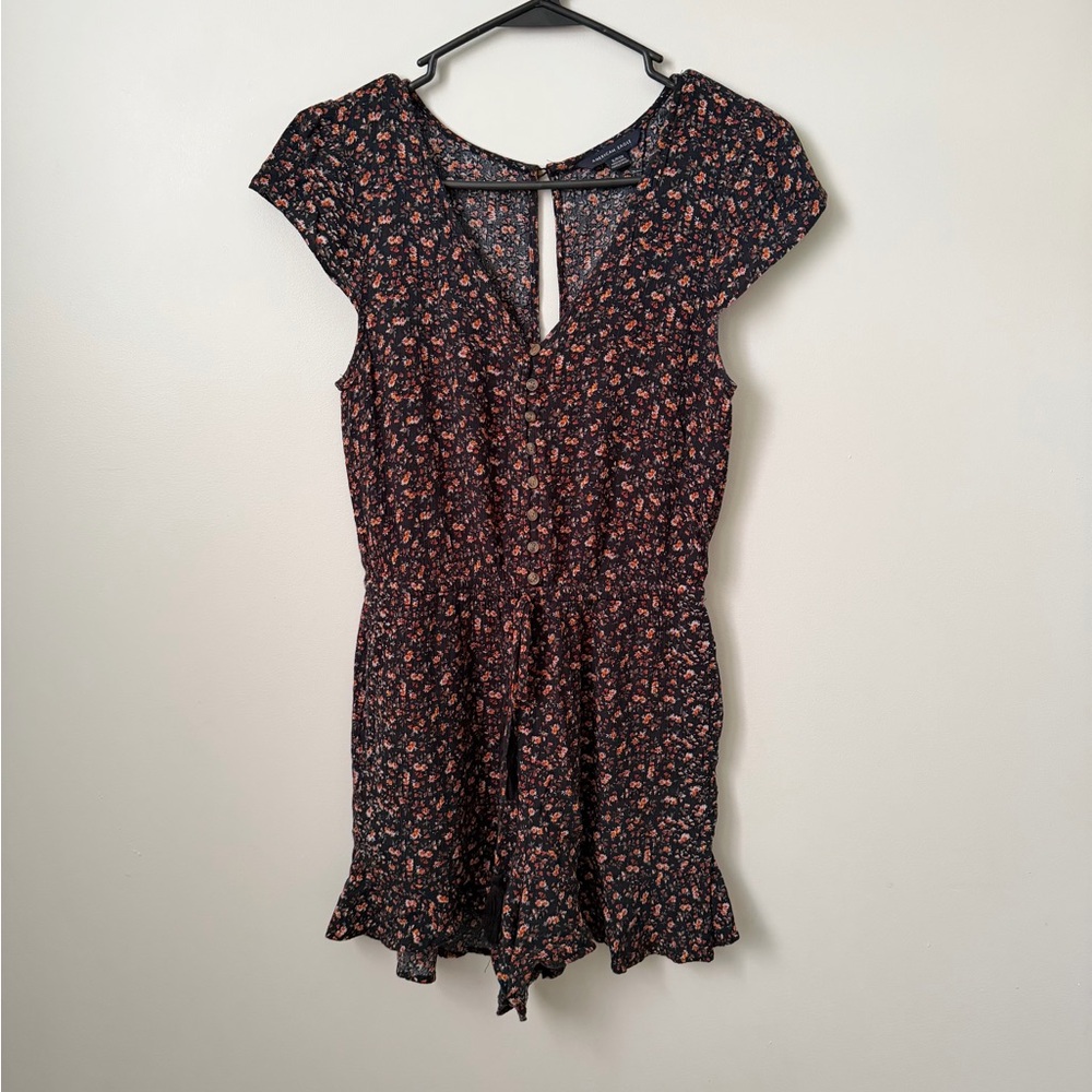 American Eagle Outfitters Black Floral V-Neck Romper with Orange Accents